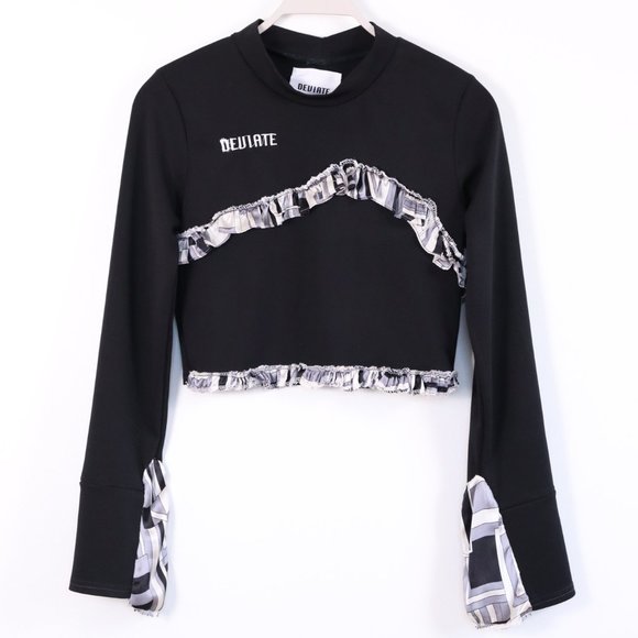 Black Ruffled Mock Neck Crop Top with Embroidery - SMALL - Picture 1 of 5